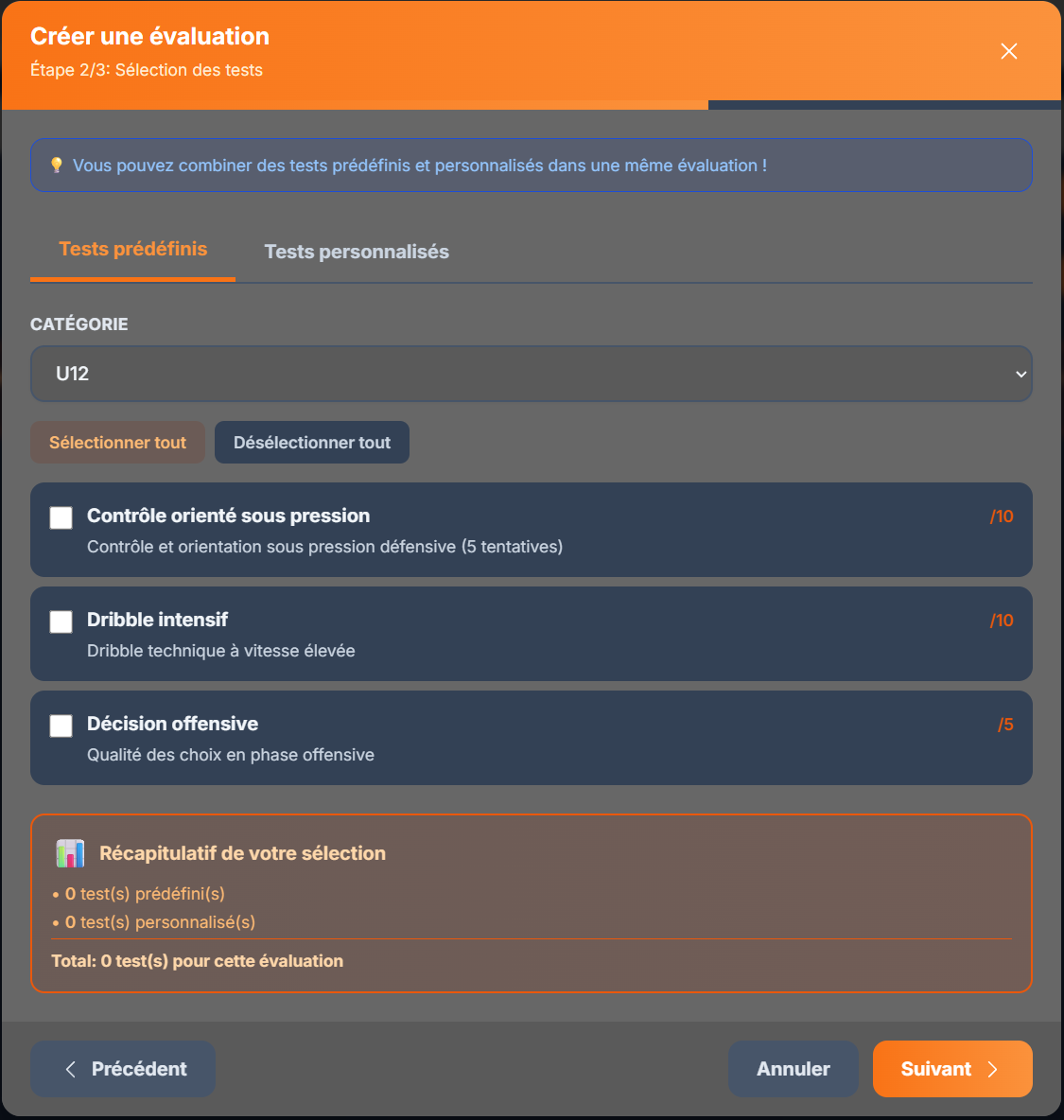 Formulaire d'évaluation technique avec tests prédéfinis