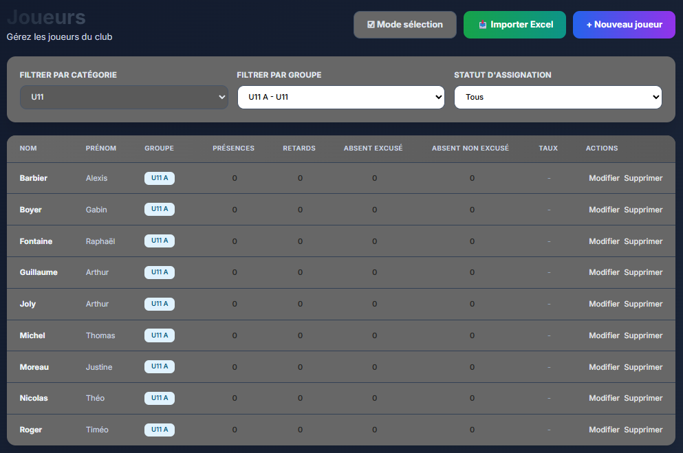 Liste des joueurs avec fonction d'import Excel et CSV